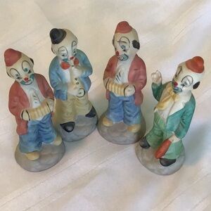 Vintage set of 4 clown figurines bisque porcelain made Taiwan used good cond.